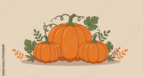 Three orange pumpkins with leaves on beige background.