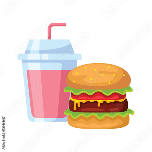A cartoon illustration of a soda cup and a hamburger