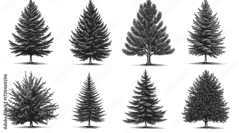 Obraz premium Set of Black - and - White Pine Tree Illustrations on White Background