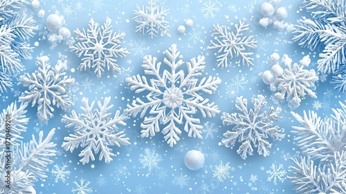 Blue - toned Winter Background with Snowflakes and Pine Needles