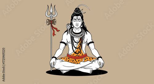 Lord shiva meditating in lotus position with trident. Vector.