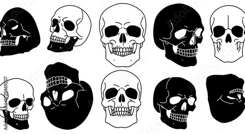 Skulls in black and white. Death and mortality concept.