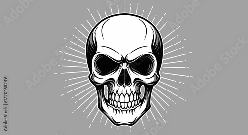 Skull with sunburst on a gray background. Vector illustration.