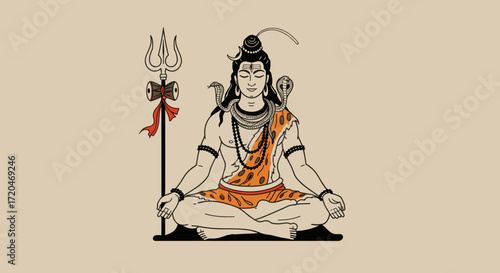 Lord shiva in lotus position with trident and snake. Hinduism god.