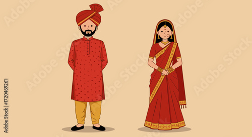 Indian couple in traditional wedding attire illustration.