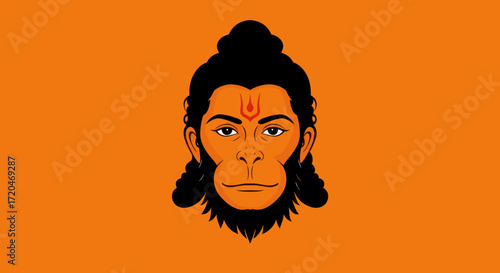 Hindu god hanuman face on orange background. Vector illustration.