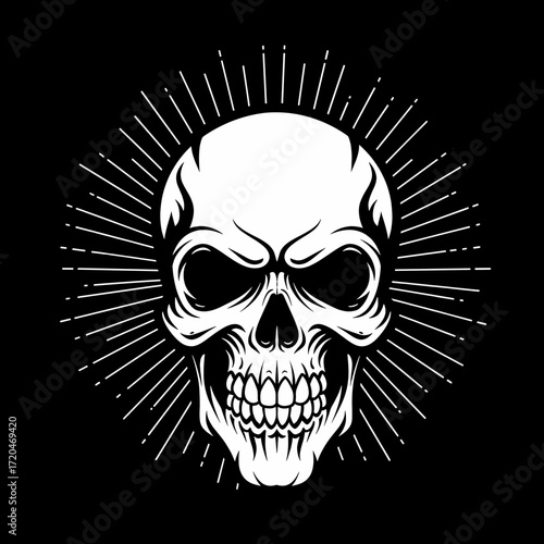 Monochrome skull with sunburst on a black background.
