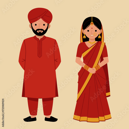 Indian couple in traditional dress, sari and turban. Vector.