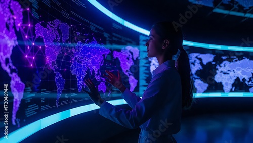 woman touching digital screen global map