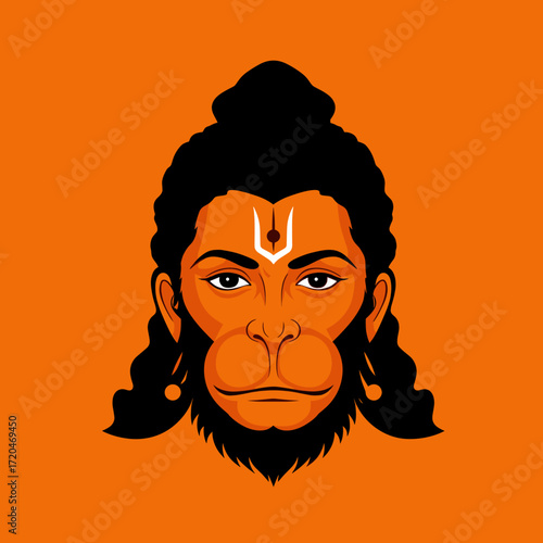 Hanuman face illustration on orange background. Hindu god.