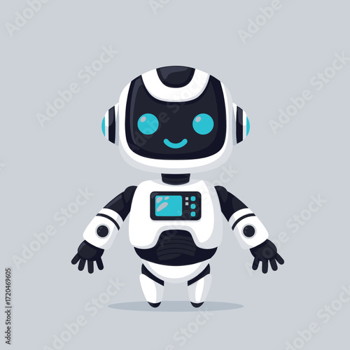 Cute cartoon robot character with a smile and digital display.