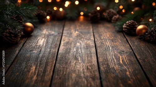 Rustic Wooden Plank Background with Christmas Decorations and Fairy Lights