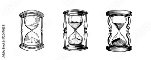 Set of Hourglass. Black and white hand drawn sketch vector illustration isolated on white background, Sand watch glass engraving vector illustration.