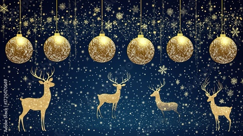 Golden Christmas Baubles and Reindeer on a Starry Dark Blue Background