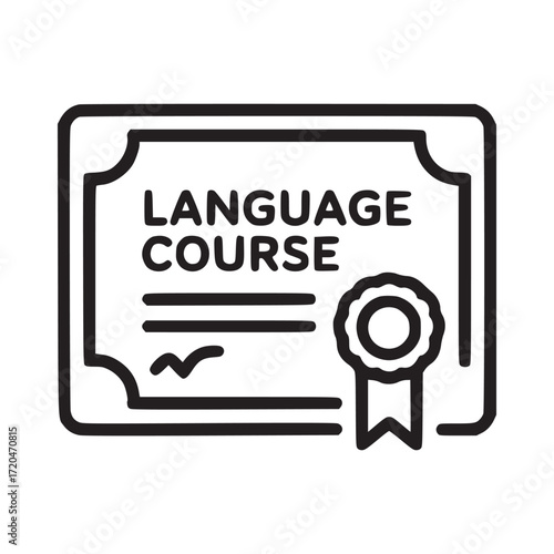 Illustration of a language course certificate the certificate features the words language course and a seal, symbolizing completion and achievement in language learning