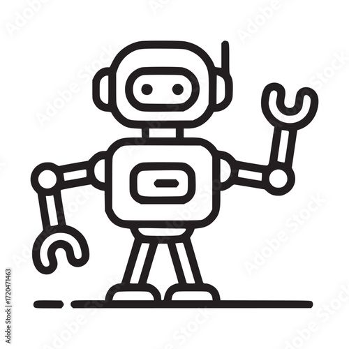 Vector art of line art illustration of a cute robot holding wrenches, this minimalist design is perfect for technology, automation, and futuristic themes, offering a clean and modern aesthetic
