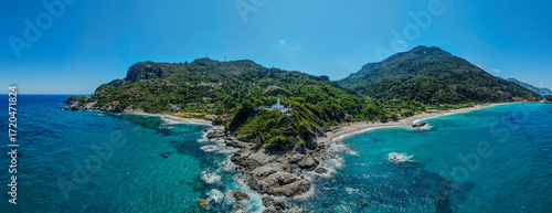 Aerial view of the sea and mountains in Samos, Greece
