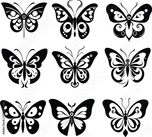 A collection of nine stylized black butterfly illustrations, each with unique, ornate wing patterns, presented as a set.