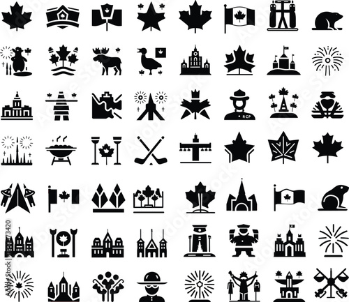 A diverse collection of black and white glyph icons representing Canadian symbols, culture, landmarks, and wildlife.