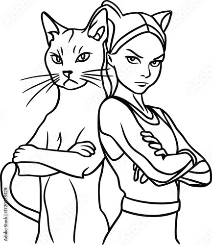 A cartoon line drawing of a girl with cat ears and an anthropomorphic cat standing back-to-back, both with their arms crossed and stern expressions.