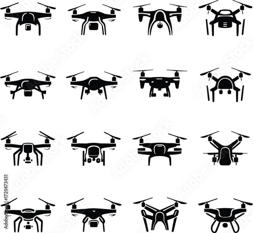 A collection of sixteen black and white icons depicting various designs of modern quadcopter drones.