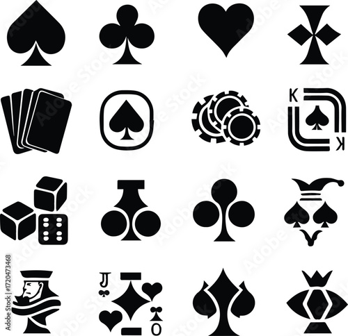 A collection of black silhouette icons representing playing cards, gambling, and casino games.