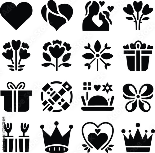 A collection of sixteen black silhouette icons representing love, celebration, and Mother's Day themes like hearts, flowers, gifts, and crowns.