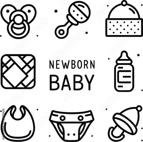 A graphic illustration set of nine newborn baby icons, including a pacifier, rattle, bottle, diaper, and bib.