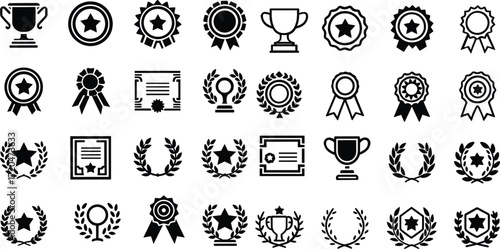 A diverse collection of black and white icons representing awards, trophies, medals, and certificates of achievement.