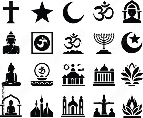 A collection of black and white icons representing various world religions and their symbols, including Christianity, Islam, Judaism, Hinduism, and Buddhism.
