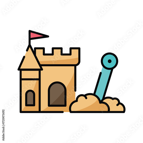 A cartoon sandcastle with a flag and a shovel in the sand