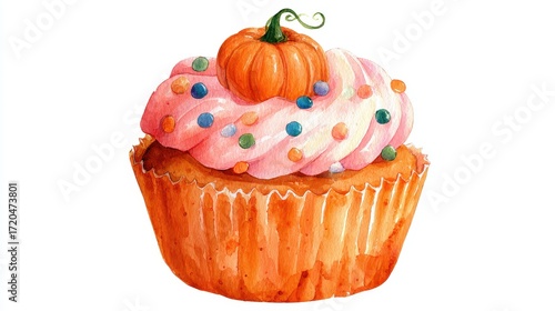 A pumpkin cupcake clipart, halloween dessert element, watercolor illustration, pastel, isolated on white background. 