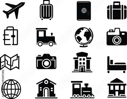 A collection of sixteen black silhouette icons representing various aspects of travel, tourism, and transportation on a white background.