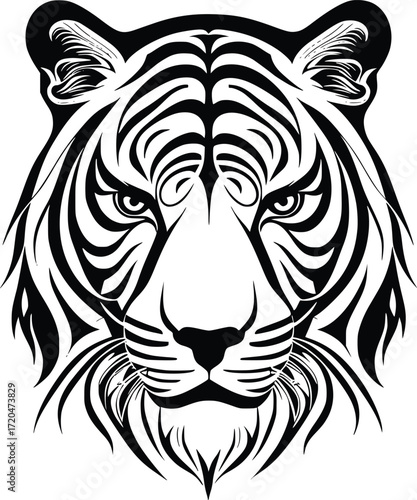 A stylized black and white tribal illustration of a fierce tiger's head looking forward with an intense stare.