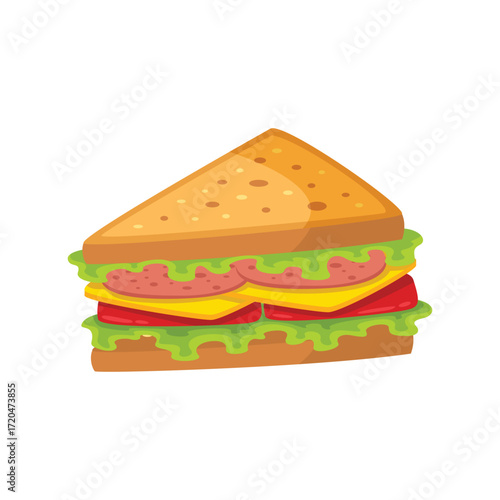 A cartoon of a triangular sandwich with layers of lettuce ham cheese and tomato