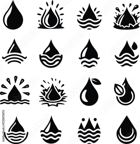 A collection of sixteen stylized black water drop icons, depicting splashes, ripples, and purity symbols.
