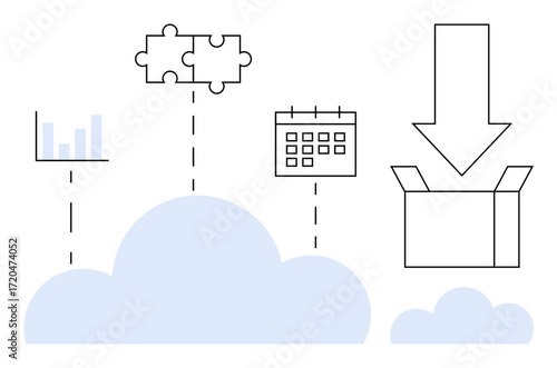 Cloud graphic connects analytics chart, puzzle pieces, and calendar to a downloadable file box. Ideal for cloud storage, collaboration, data sync, planning, productivity, teamwork modern workflow