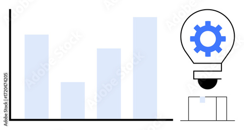 Gear inside light bulb symbolizes innovation, productivity, and technology with rising bar chart reflecting data analysis, growth, and performance. Ideal for technology, progress, innovation