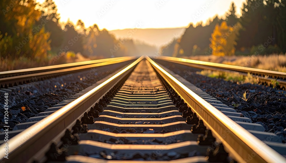 Fototapeta premium Train Tracks Receding into a Golden Autumn Sunset