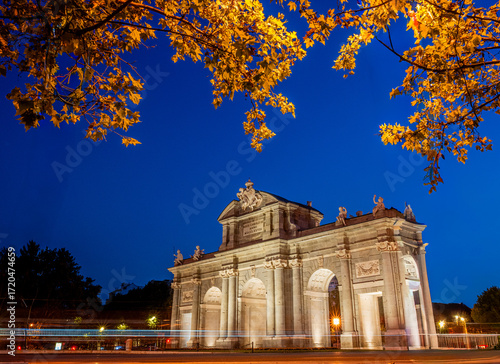 Night view of Puerta de alcala, madrid Spain, autum in Europe 
