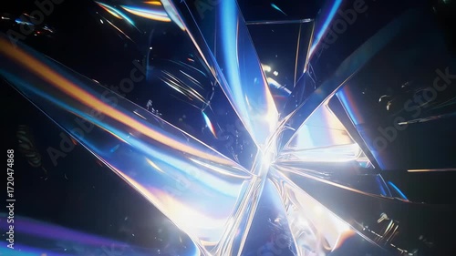 Abstract iridescent geometric shapes radiate from a central point in a dark background