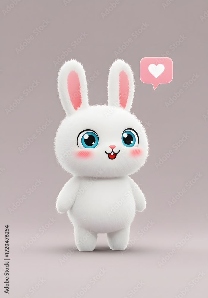 Obraz premium Cute Fluffy White Bunny Rabbit with Blue Eyes and Pink Heart Icon