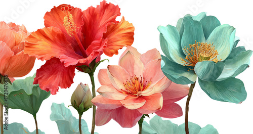 Wallpaper Mural Vibrant Floral Arrangement Featuring Hibiscus and Lotus Flowers on Transparent Background Torontodigital.ca
