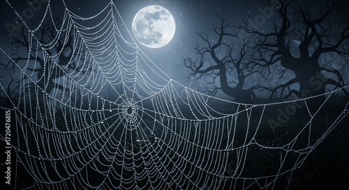 Spider web glistening with dew under the moonlight,  forest in the background 