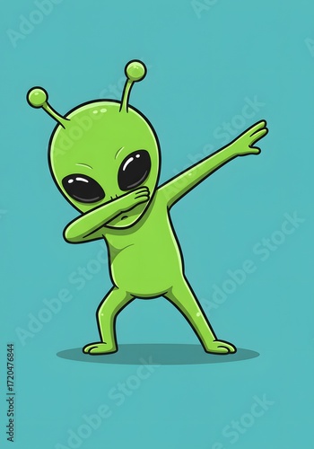 Cute Green Alien Doing the Dab Dance Pose, Cartoon Style