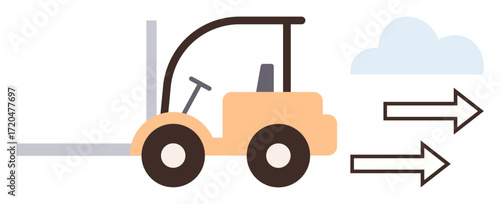 Yellow forklift driving forward, guided by directional arrows, with a cloud in the background. Ideal for logistics, transportation, delivery, warehouse, industrial work motion supply chain. Simple
