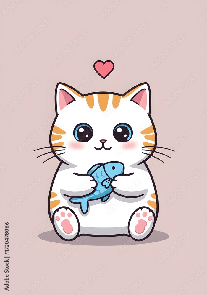Fototapeta premium Cute Kawaii Cat Holding a Blue Fish with Heart Above