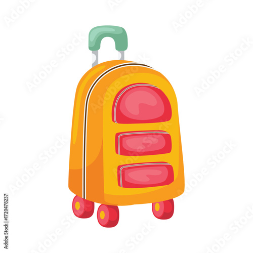 A cartoon suitcase with a teal handle and red pockets