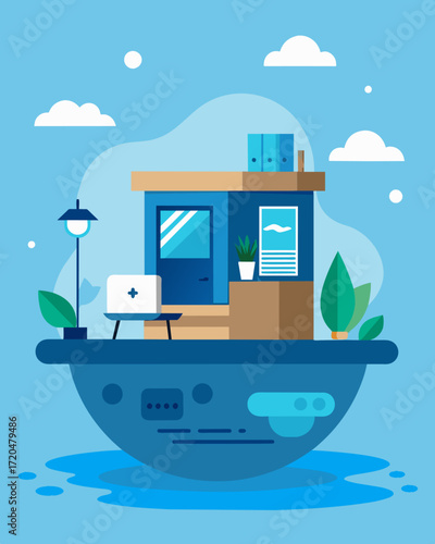A modern and minimalist floating home equipped with all the necessary technology for efficient remote work.. Vector illustration