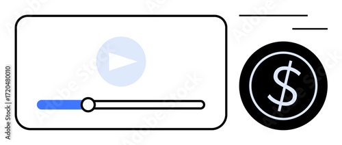 Media player progress bar with play button next to a bold dollar sign circle. Ideal for online earning, video monetization, content creation, financial growth, digital marketing, advertising
